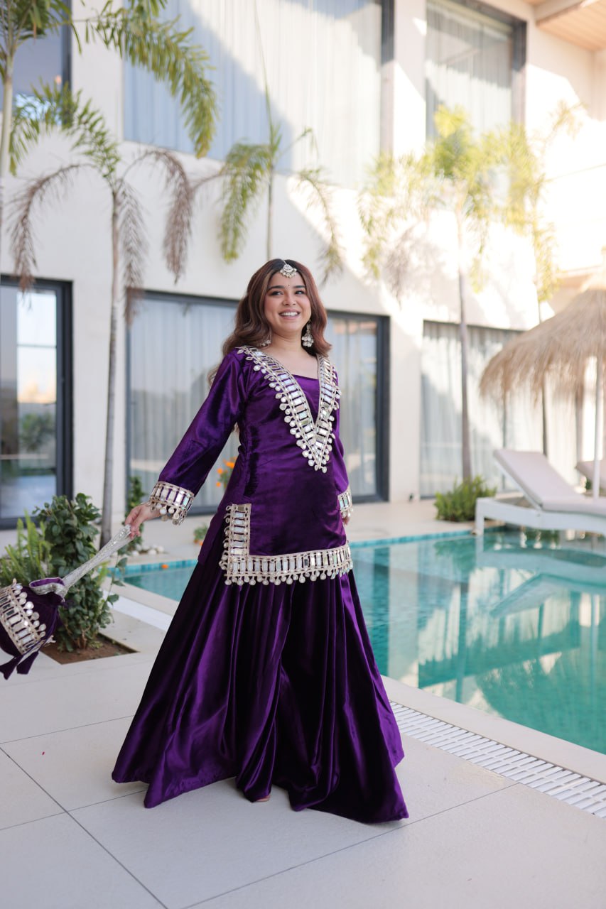 Wine Purple Ice Velvet Zari & Mirror Work Top with Flared Palazzo Set