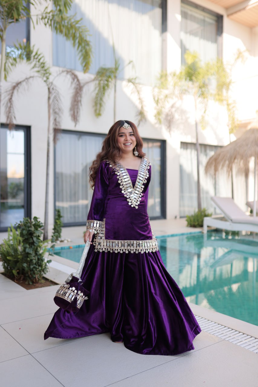 Wine Purple Ice Velvet Zari & Mirror Work Top with Flared Palazzo Set