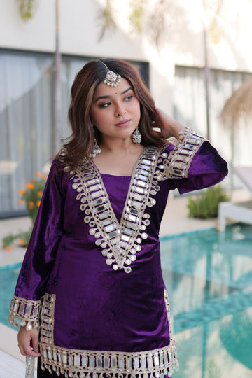 Wine Purple Ice Velvet Zari & Mirror Work Top with Flared Palazzo Set