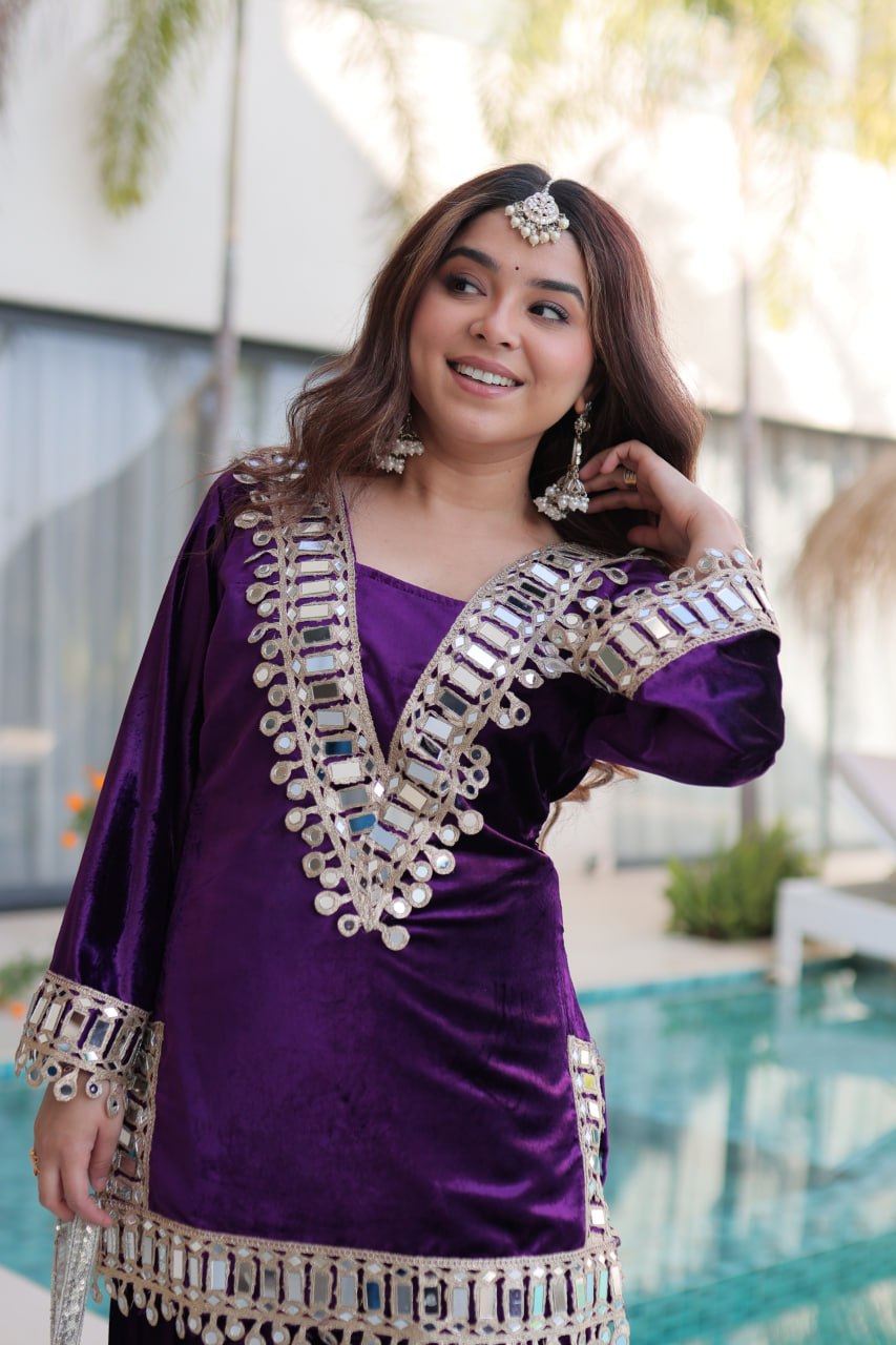 Wine Purple Ice Velvet Zari & Mirror Work Top with Flared Palazzo Set