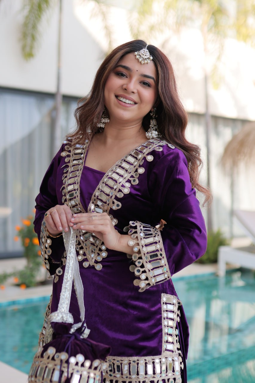 Wine Purple Ice Velvet Zari & Mirror Work Top with Flared Palazzo Set