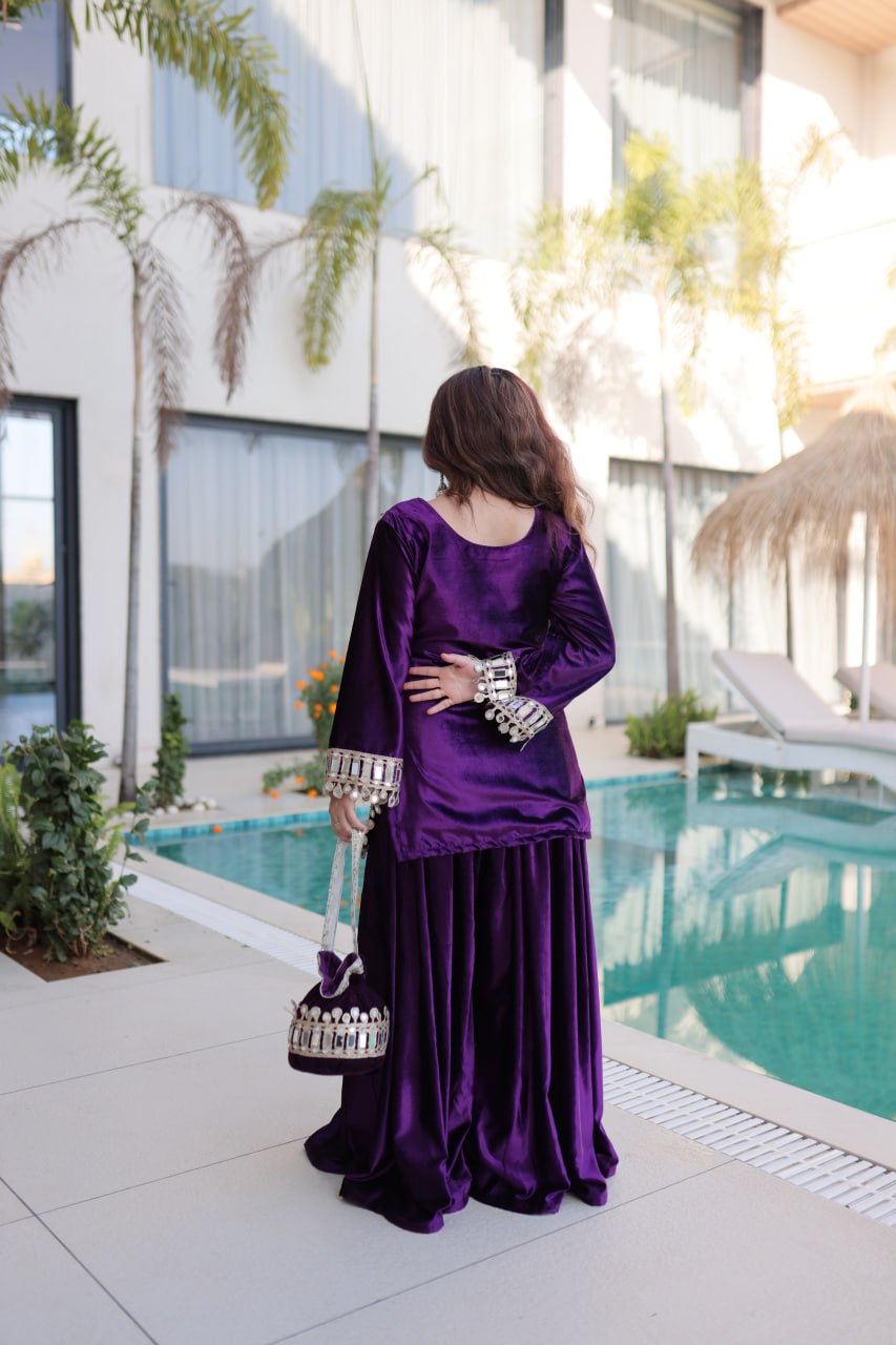 Wine Purple Ice Velvet Zari & Mirror Work Top with Flared Palazzo Set