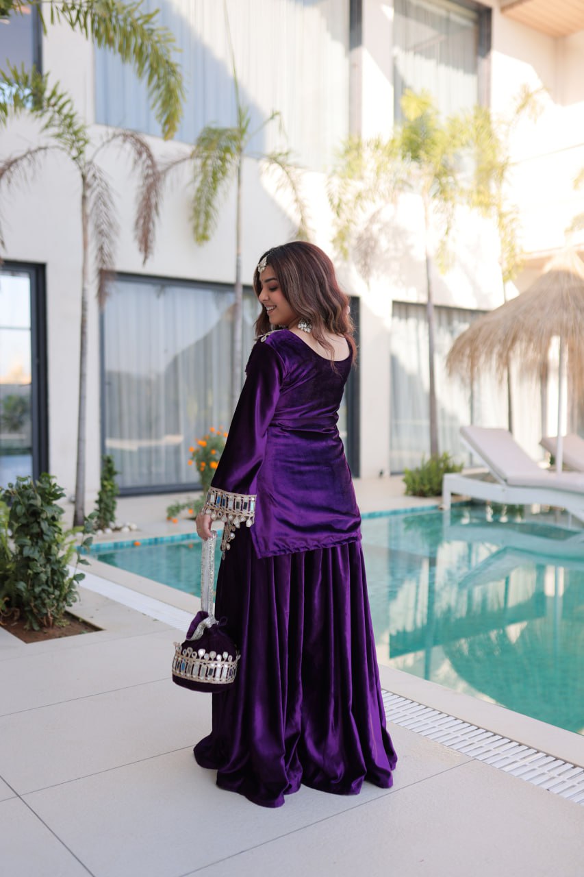 Wine Purple Ice Velvet Zari & Mirror Work Top with Flared Palazzo Set