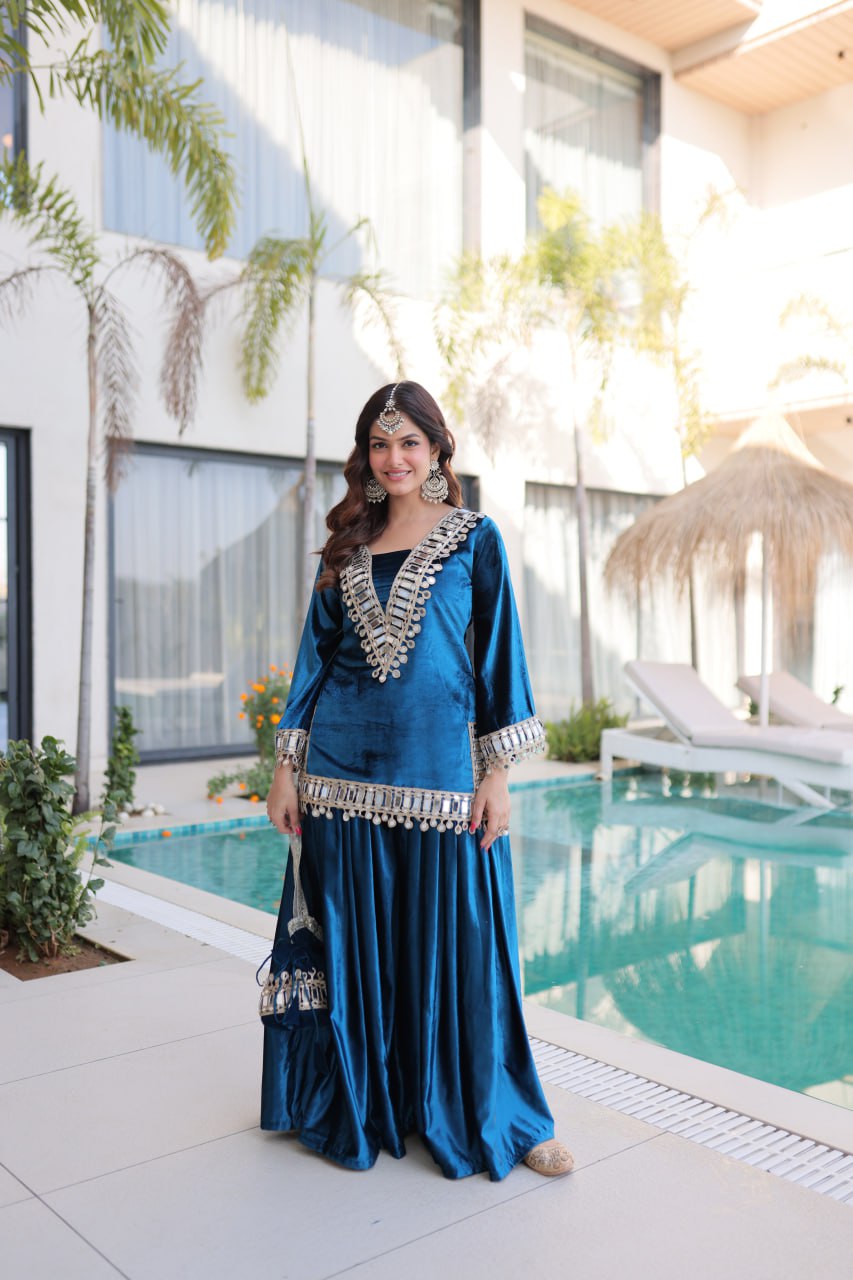 Teal Blue Ice Velvet Zari & Mirror Work Top with Flared Palazzo Set