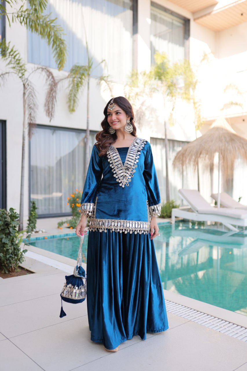 Teal Blue Ice Velvet Zari & Mirror Work Top with Flared Palazzo Set