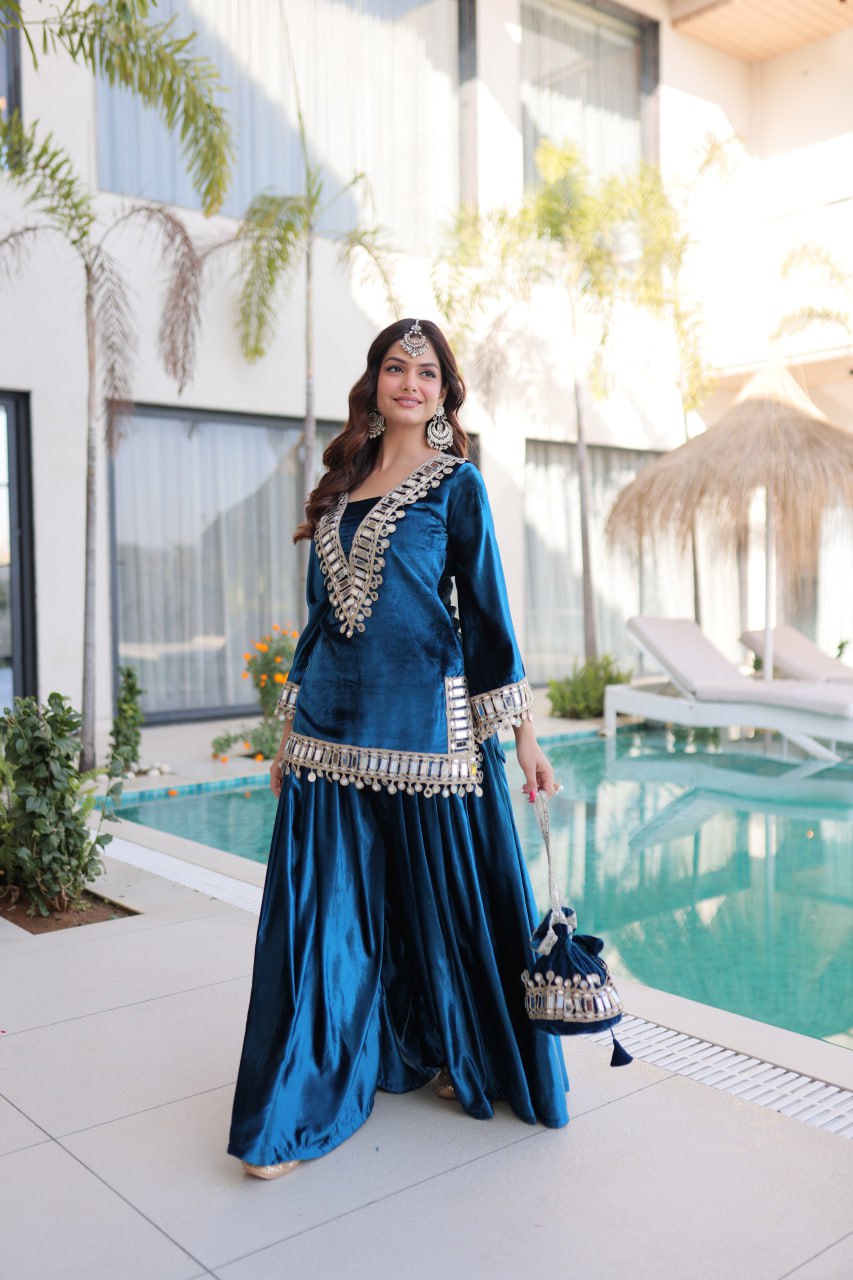 Teal Blue Ice Velvet Zari & Mirror Work Top with Flared Palazzo Set