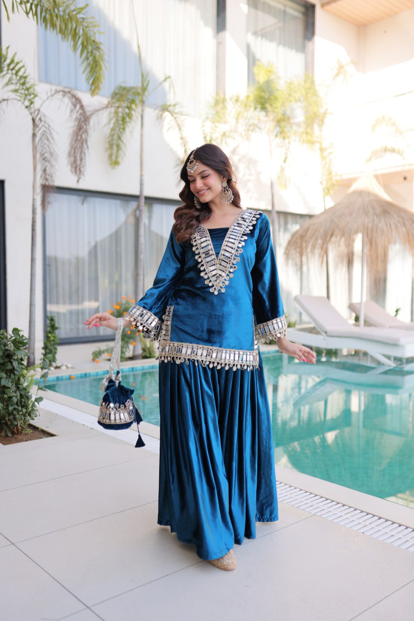 Teal Blue Ice Velvet Zari & Mirror Work Top with Flared Palazzo Set