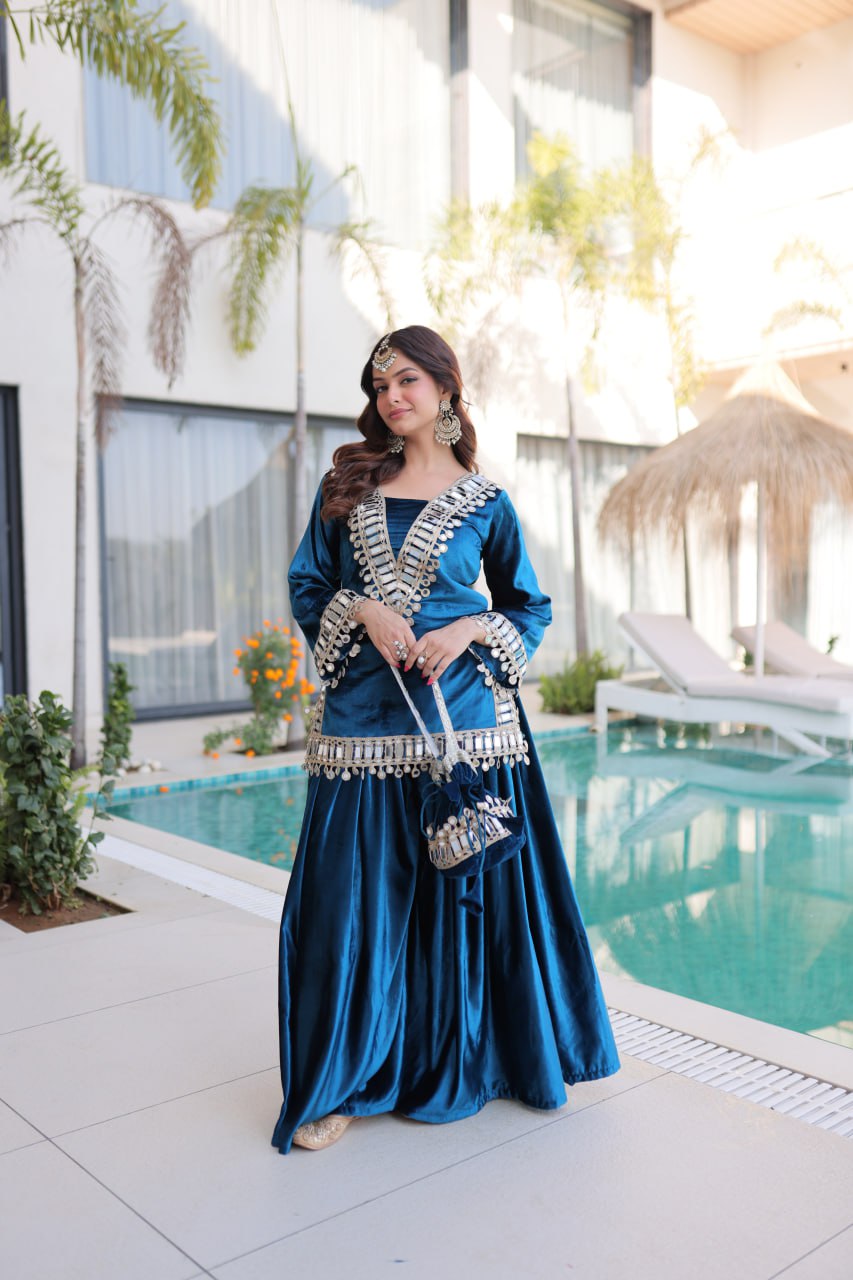 Teal Blue Ice Velvet Zari & Mirror Work Top with Flared Palazzo Set
