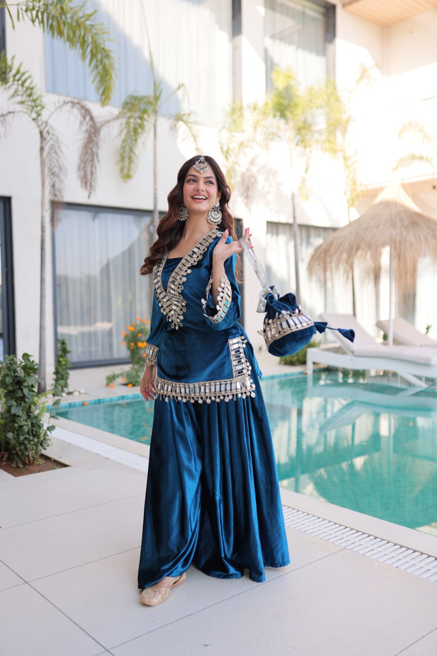 Teal Blue Ice Velvet Zari & Mirror Work Top with Flared Palazzo Set