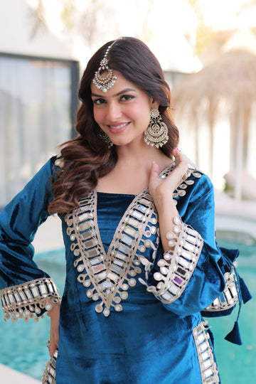 Teal Blue Ice Velvet Zari & Mirror Work Top with Flared Palazzo Set