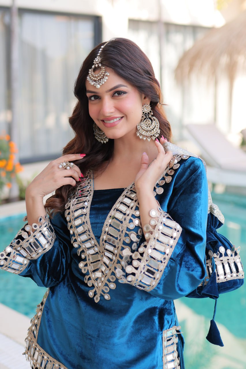 Teal Blue Ice Velvet Zari & Mirror Work Top with Flared Palazzo Set