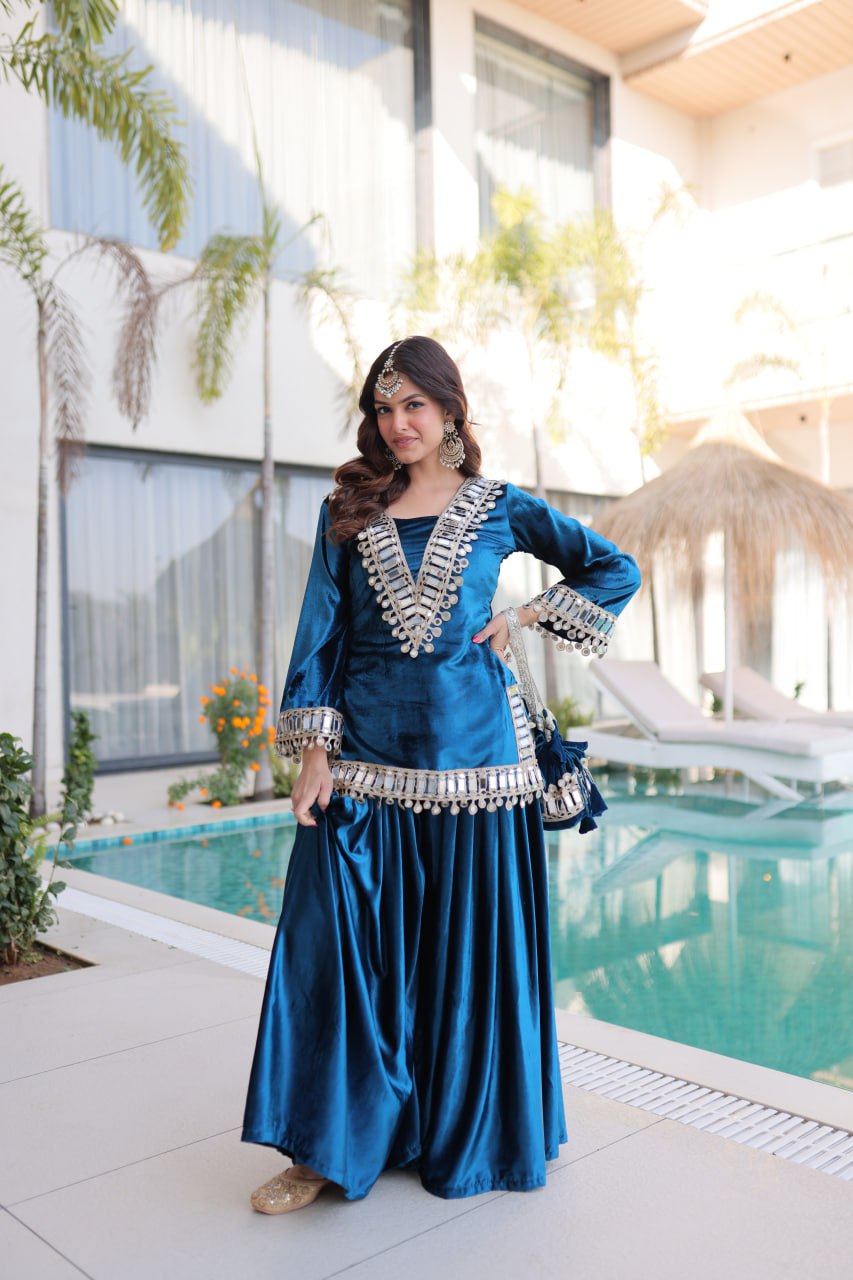 Teal Blue Ice Velvet Zari & Mirror Work Top with Flared Palazzo Set