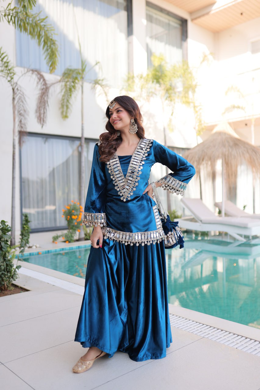 Teal Blue Ice Velvet Zari & Mirror Work Top with Flared Palazzo Set