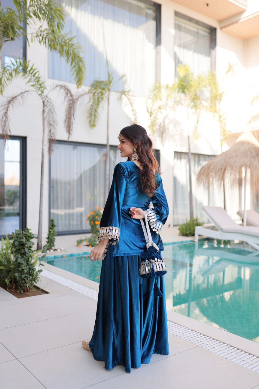 Teal Blue Ice Velvet Zari & Mirror Work Top with Flared Palazzo Set