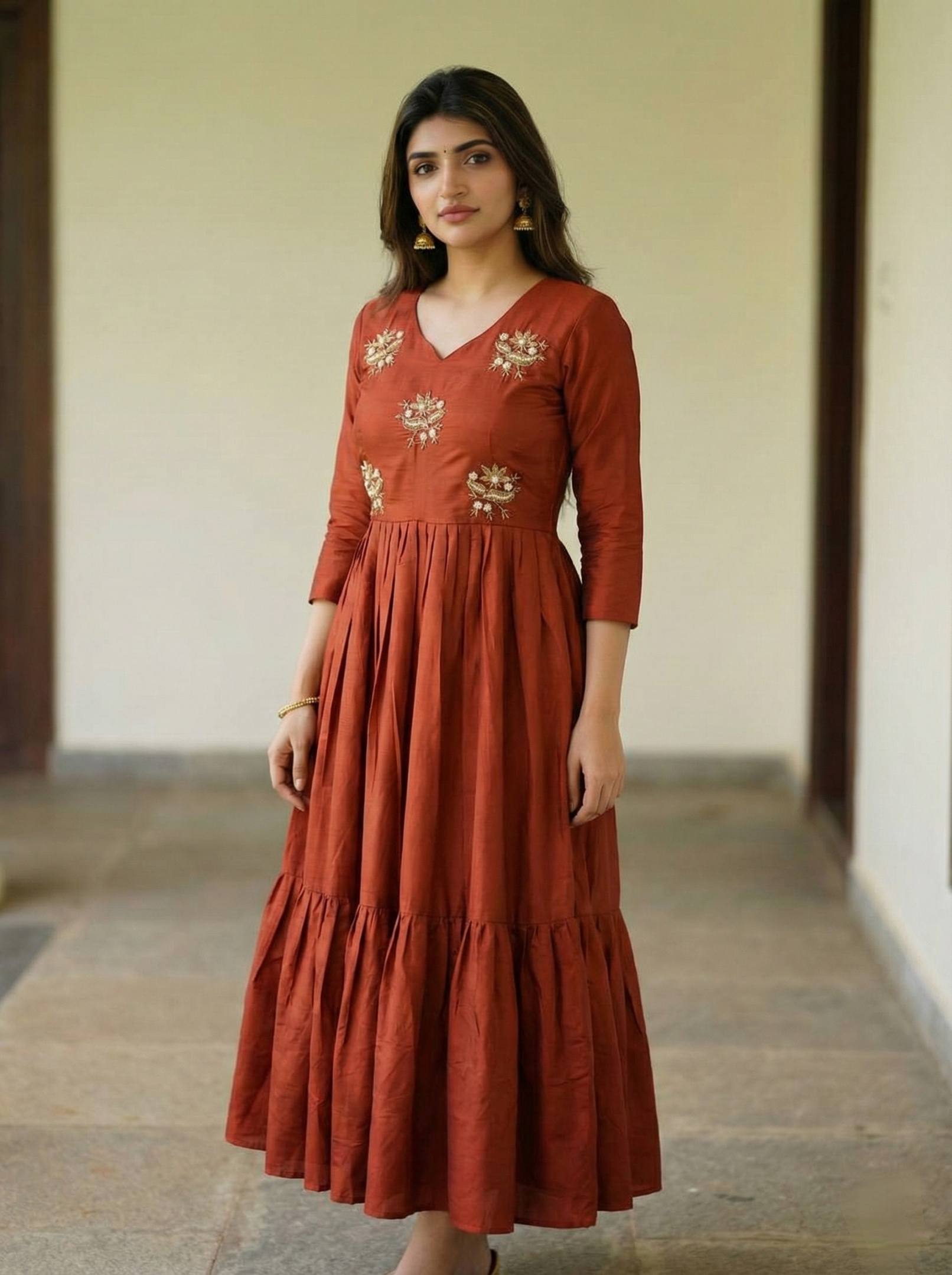 Anarkali Gown Festive Wear Rust Roman Fabric | Elegant Long Dress for Women
