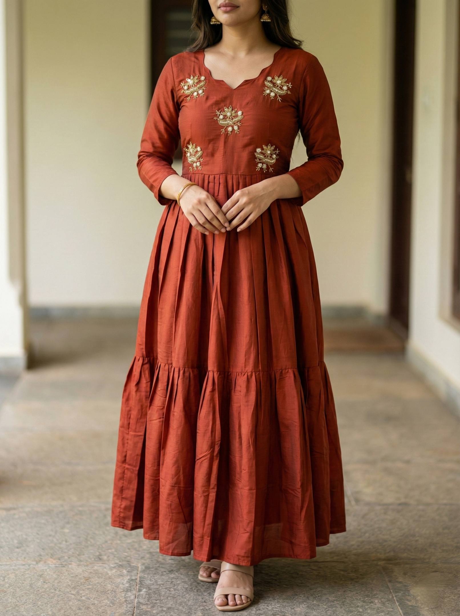 Anarkali Gown Festive Wear Rust Roman Fabric | Elegant Long Dress for Women