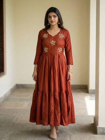 Anarkali Gown Festive Wear Rust Roman Fabric | Elegant Long Dress for Women