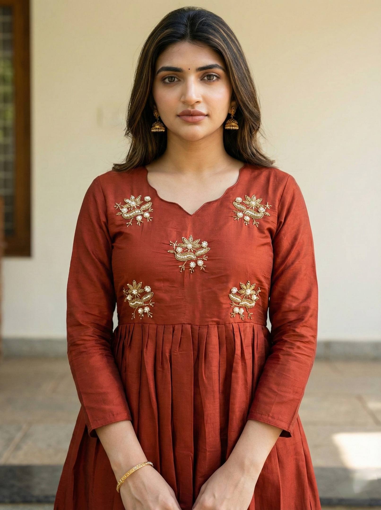 Anarkali Gown Festive Wear Rust Roman Fabric | Elegant Long Dress for Women