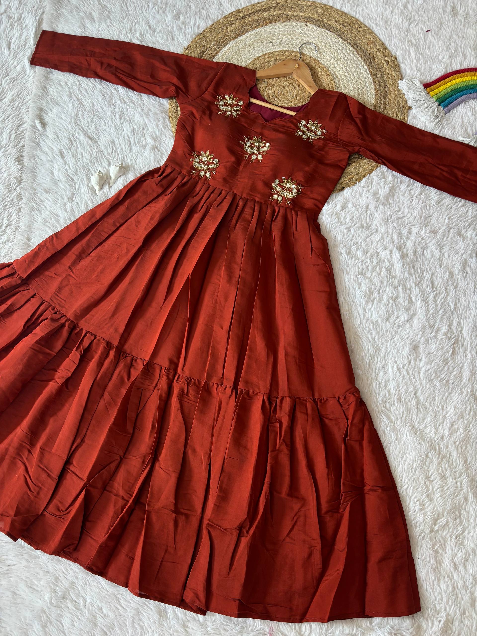 Anarkali Gown Festive Wear Rust Roman Fabric | Elegant Long Dress for Women