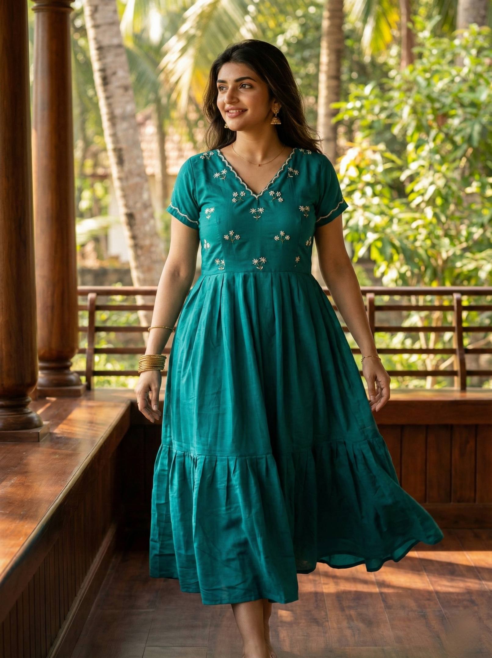 Elegant Rama Green Ethnic Gown for Women – Handworked Moti & Kardana Long Dress
