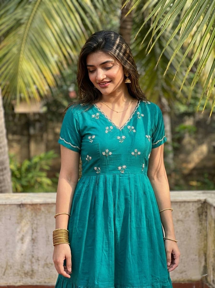 Elegant Rama Green Ethnic Gown for Women – Handworked Moti & Kardana Long Dress