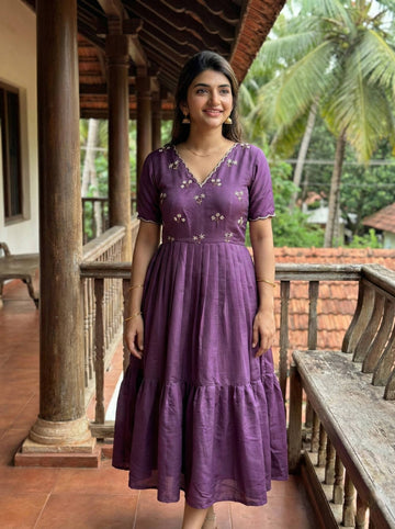 Wine Purple Designer Ethnic Gown for Women with Moti Kardana Hand Embroidery
