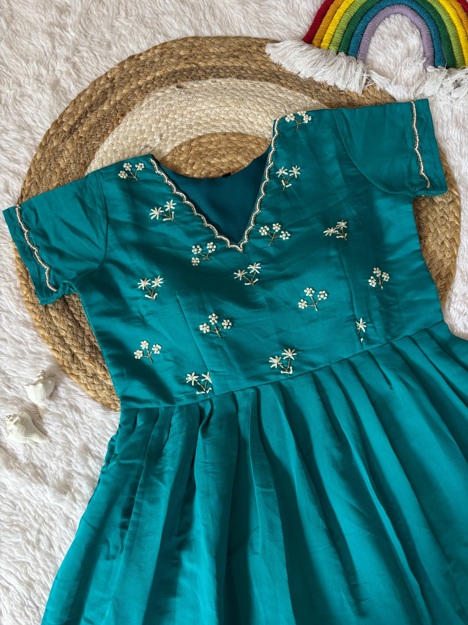 Elegant Rama Green Ethnic Gown for Women – Handworked Moti & Kardana Long Dress