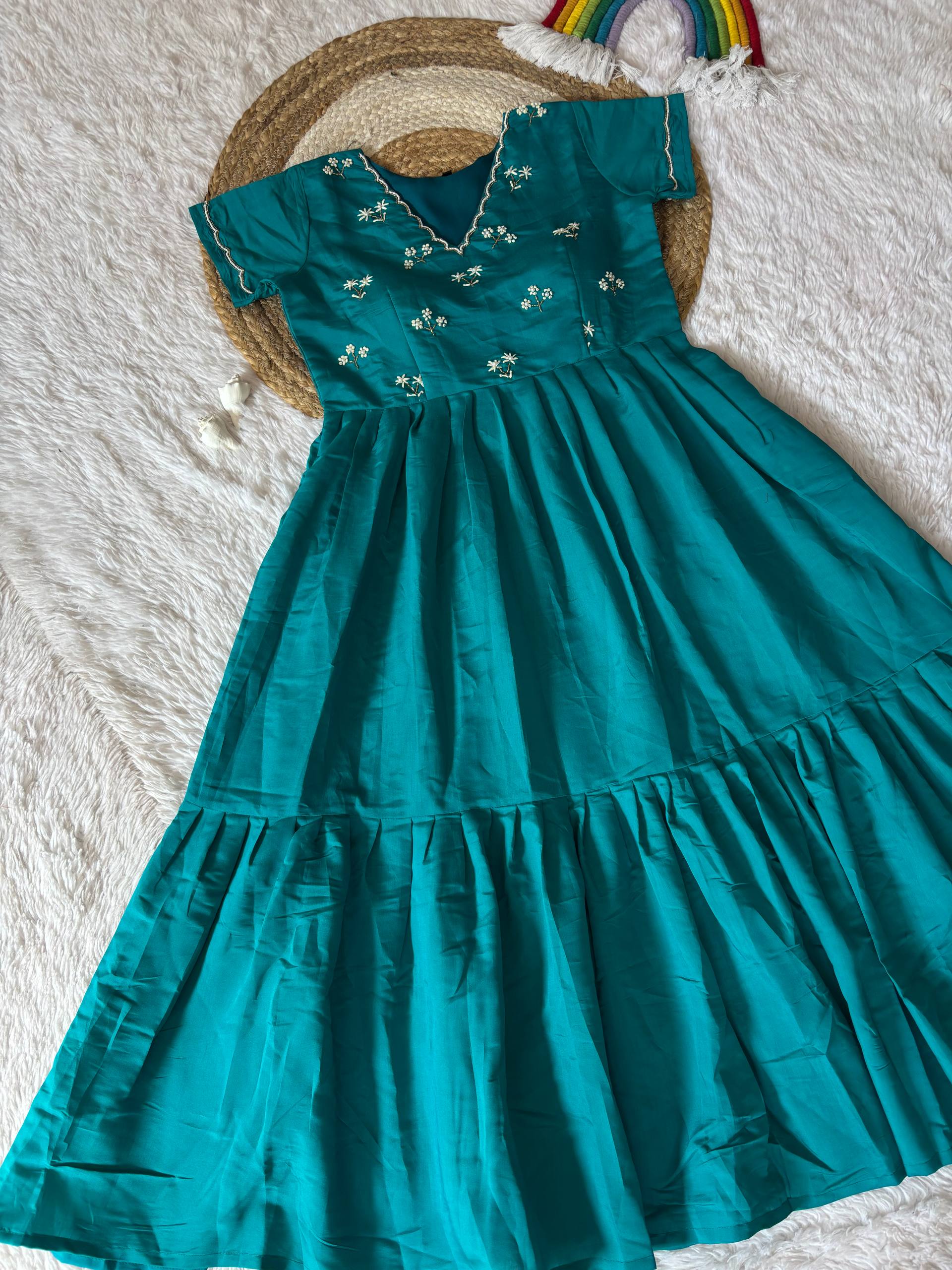 Elegant Rama Green Ethnic Gown for Women – Handworked Moti & Kardana Long Dress