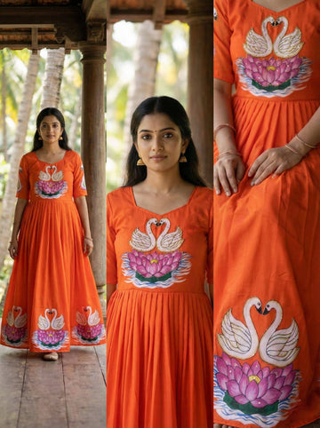 Radiant Orange Muslin Gown with Hand-Painted Swan & Khatli Art