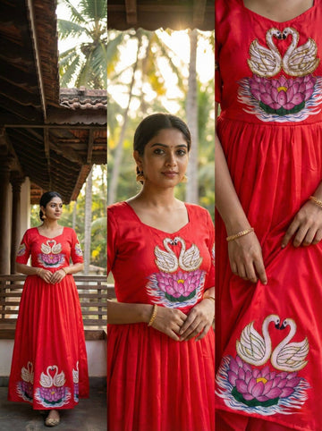 Radiant Red Muslin Gown with Artisanal Swan & Khatli Handwork
