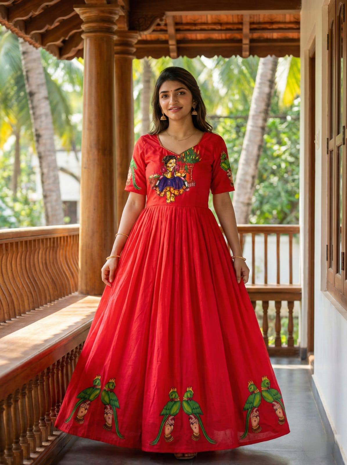 Red Kalamkari Printed Maslin Gown with Khatli Handwork, Moti & Beads