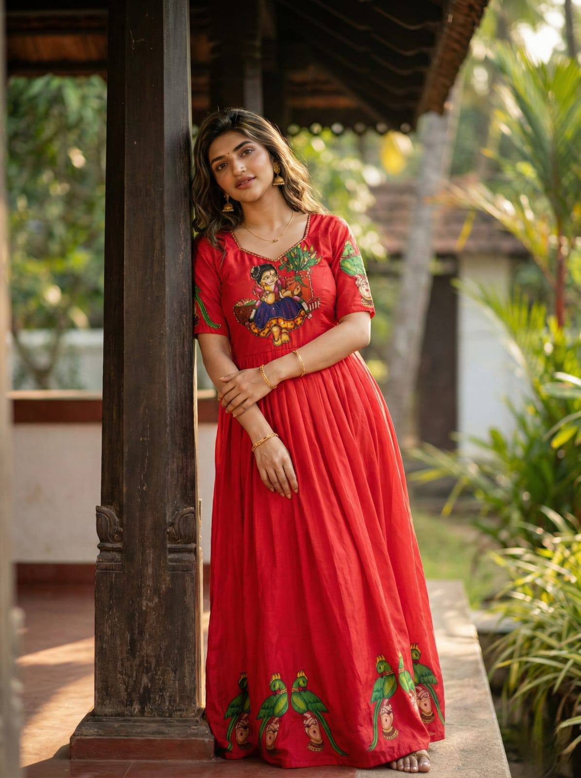 Red Kalamkari Printed Maslin Gown with Khatli Handwork, Moti & Beads