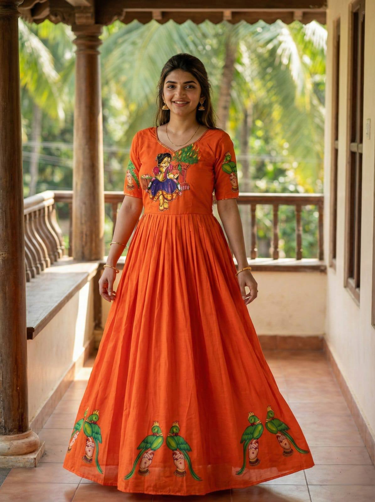 Orange Kalamkari Printed Maslin Gown with Khatli Handwork, Moti & Beads