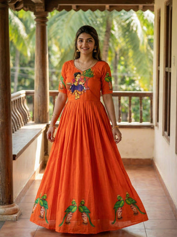 Orange Kalamkari Printed Maslin Gown with Khatli Handwork, Moti & Beads