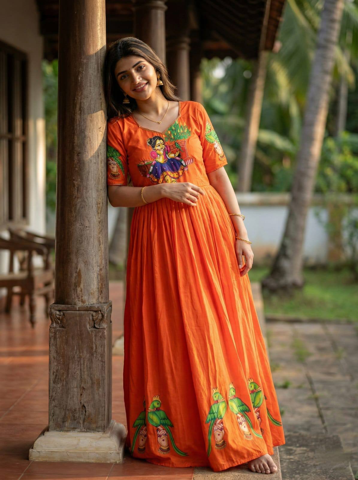 Orange Kalamkari Printed Maslin Gown with Khatli Handwork, Moti & Beads