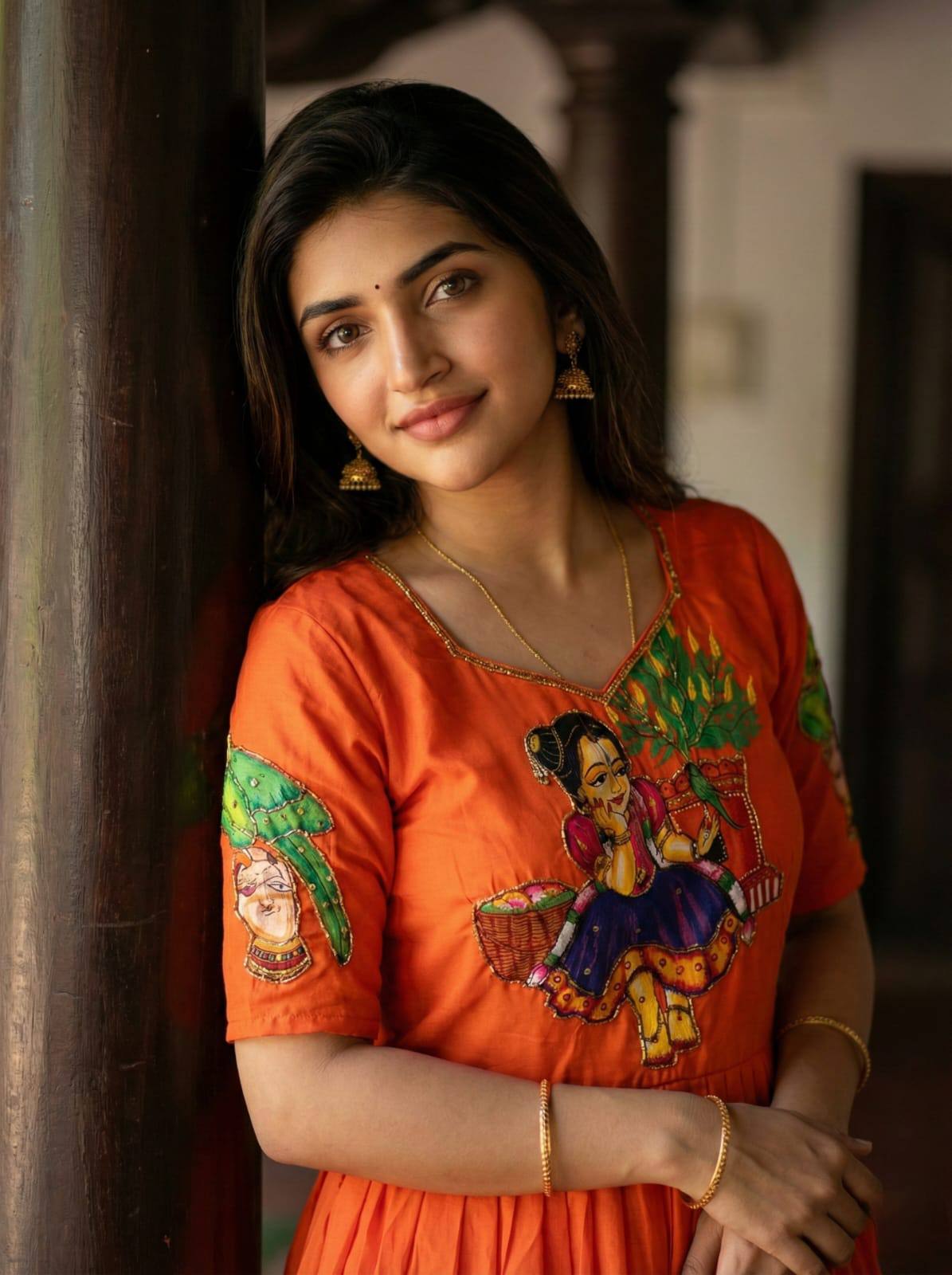 Orange Kalamkari Printed Maslin Gown with Khatli Handwork, Moti & Beads