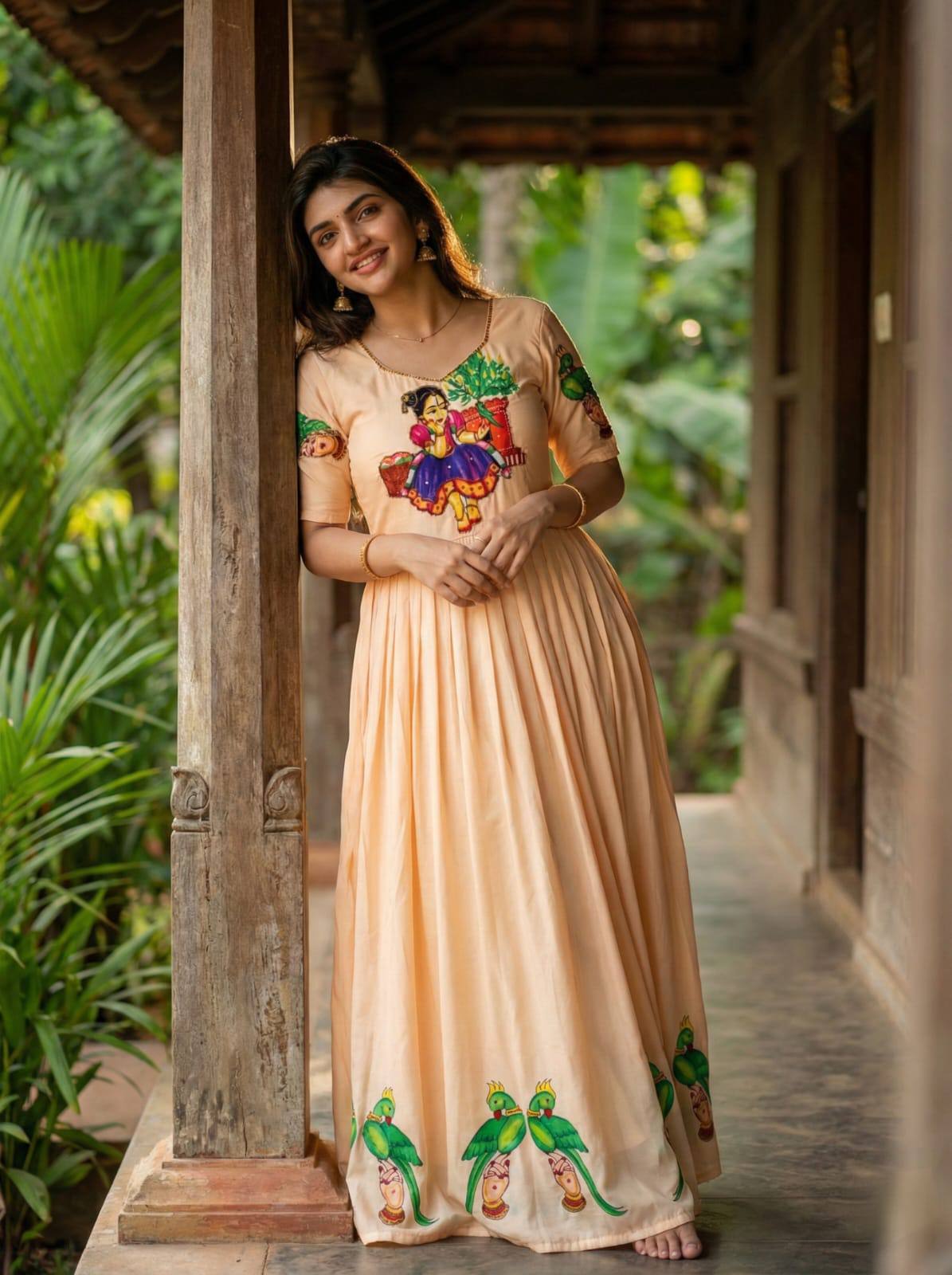 Peach Kalamkari Maslin Gown with Khatli Handwork, Beads & Moti Detailing