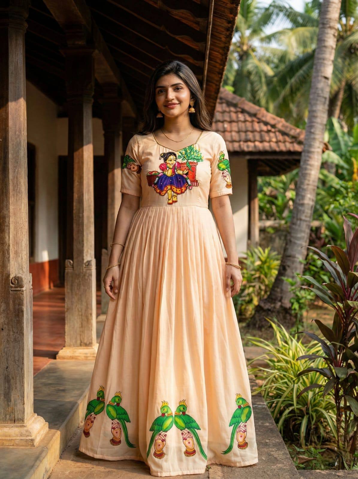 Peach Kalamkari Maslin Gown with Khatli Handwork, Beads & Moti Detailing