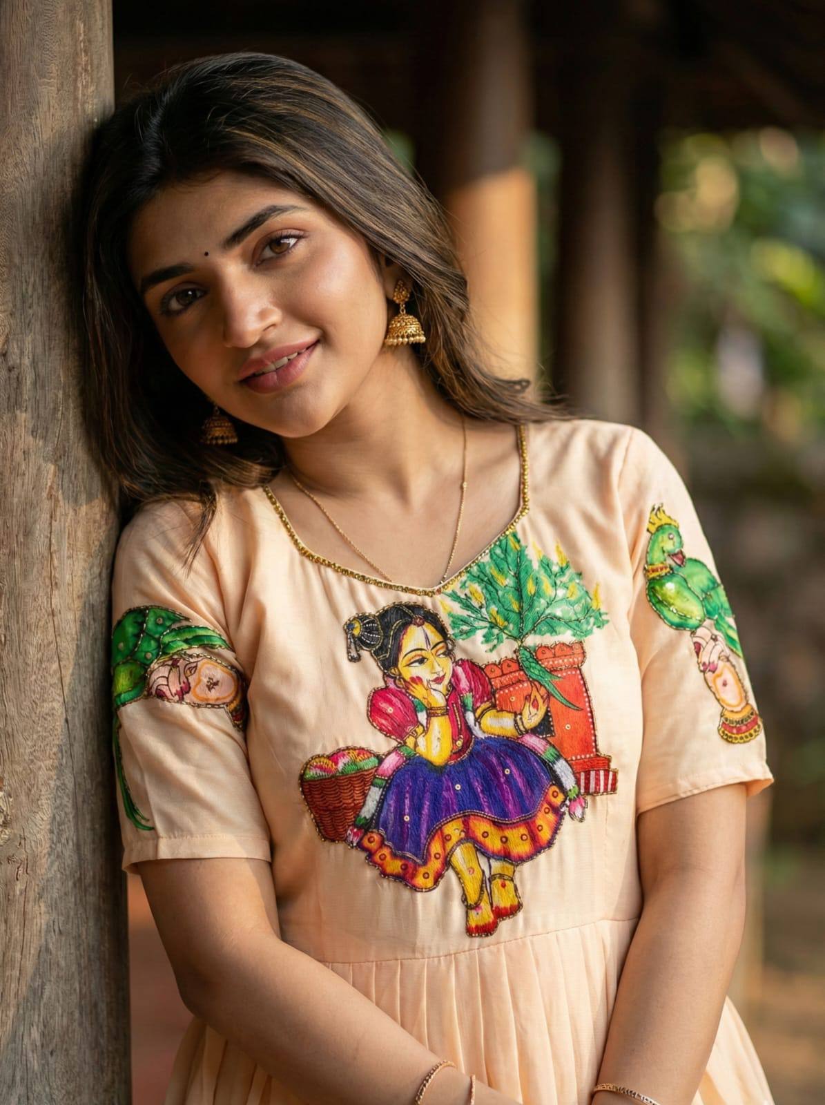 Peach Kalamkari Maslin Gown with Khatli Handwork, Beads & Moti Detailing
