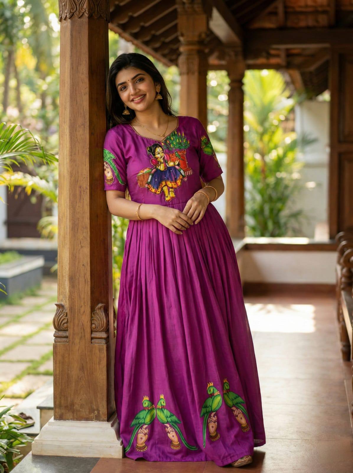 Purple Kalamkari Printed Maslin Gown with Khatli Handwork, Moti & Beads