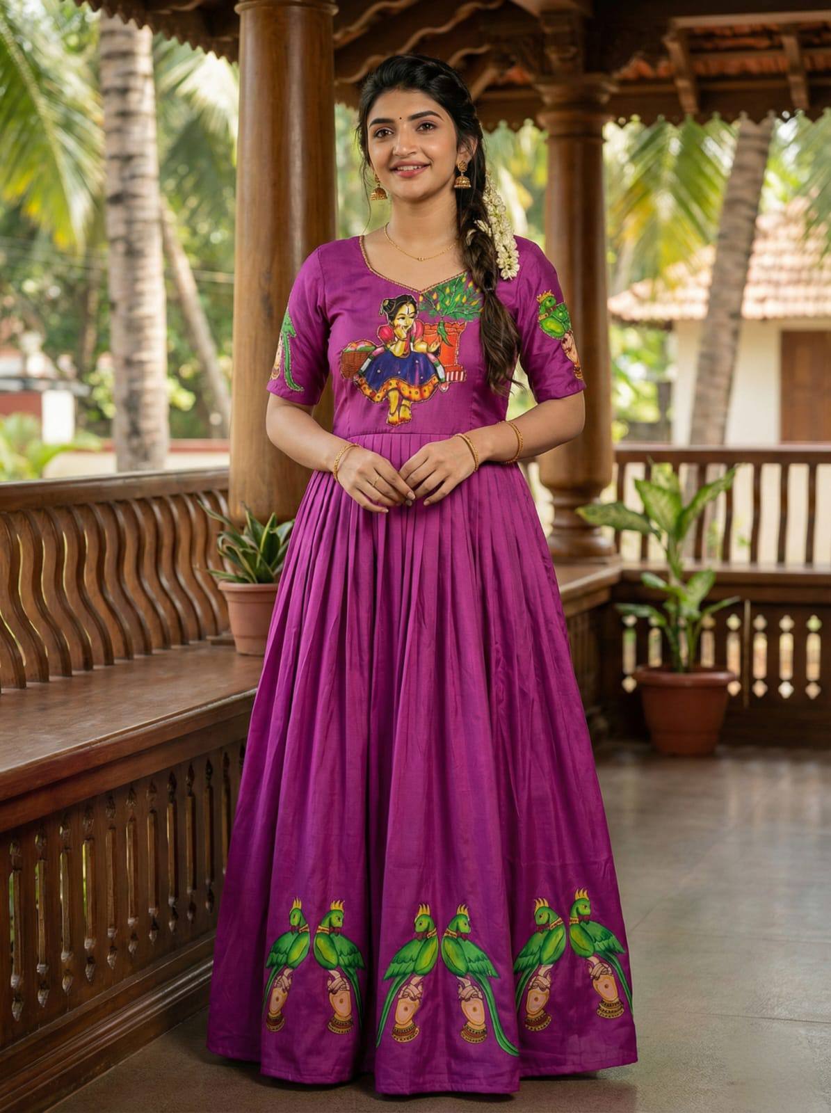 Purple Kalamkari Printed Maslin Gown with Khatli Handwork, Moti & Beads