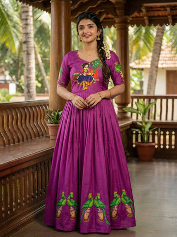 Purple Kalamkari Printed Maslin Gown with Khatli Handwork, Moti & Beads