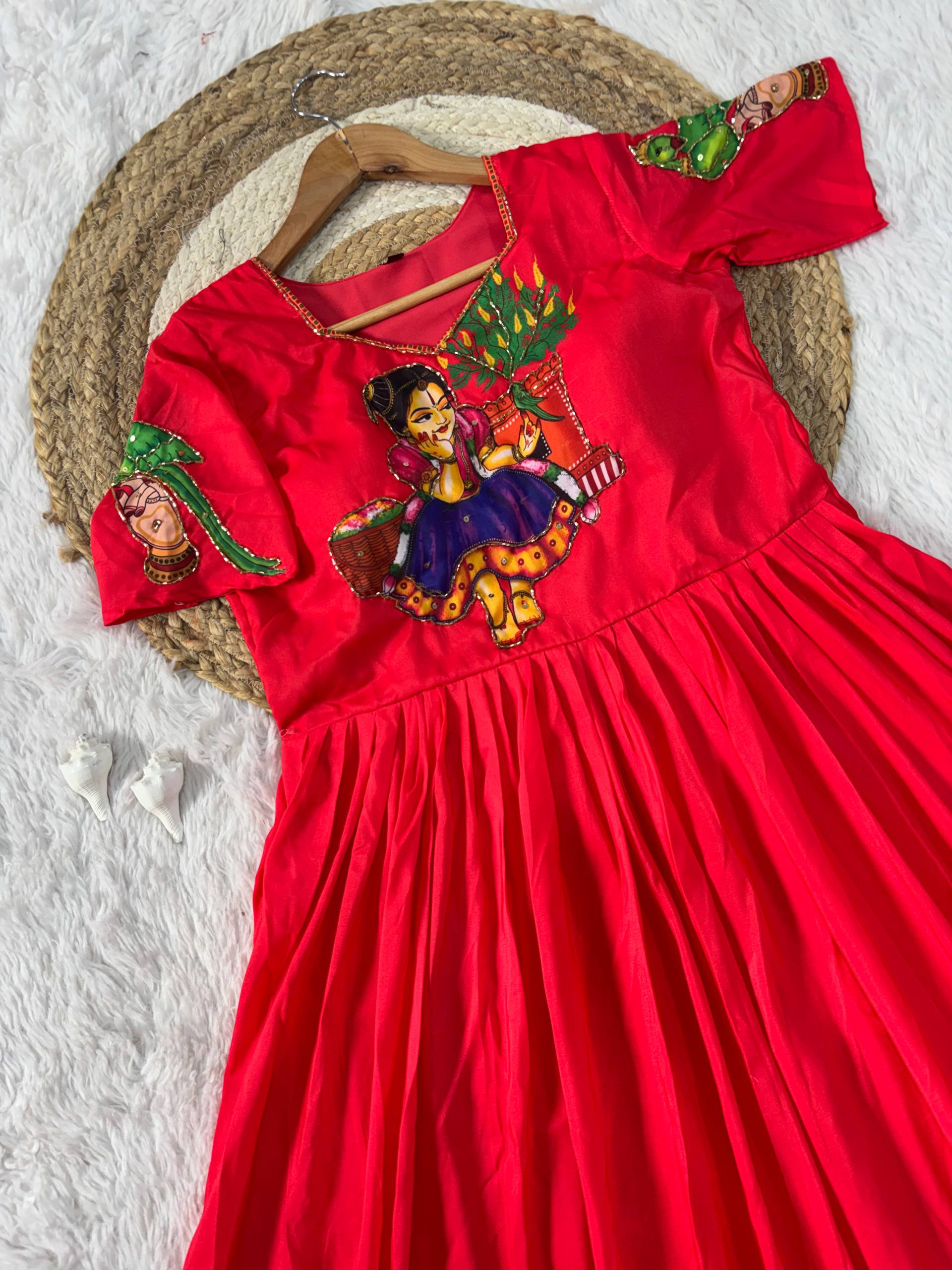 Red Kalamkari Printed Maslin Gown with Khatli Handwork, Moti & Beads