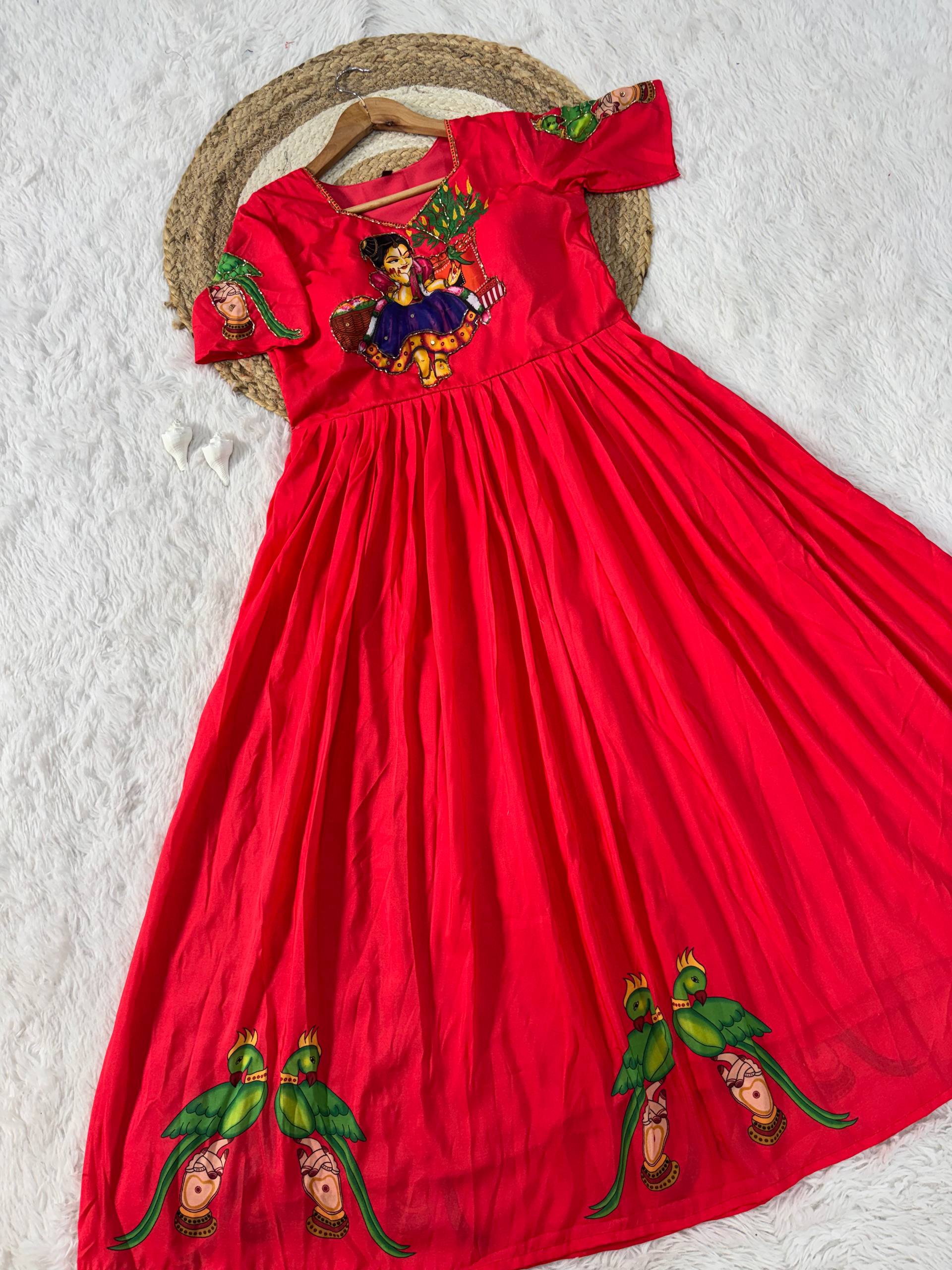 Red Kalamkari Printed Maslin Gown with Khatli Handwork, Moti & Beads