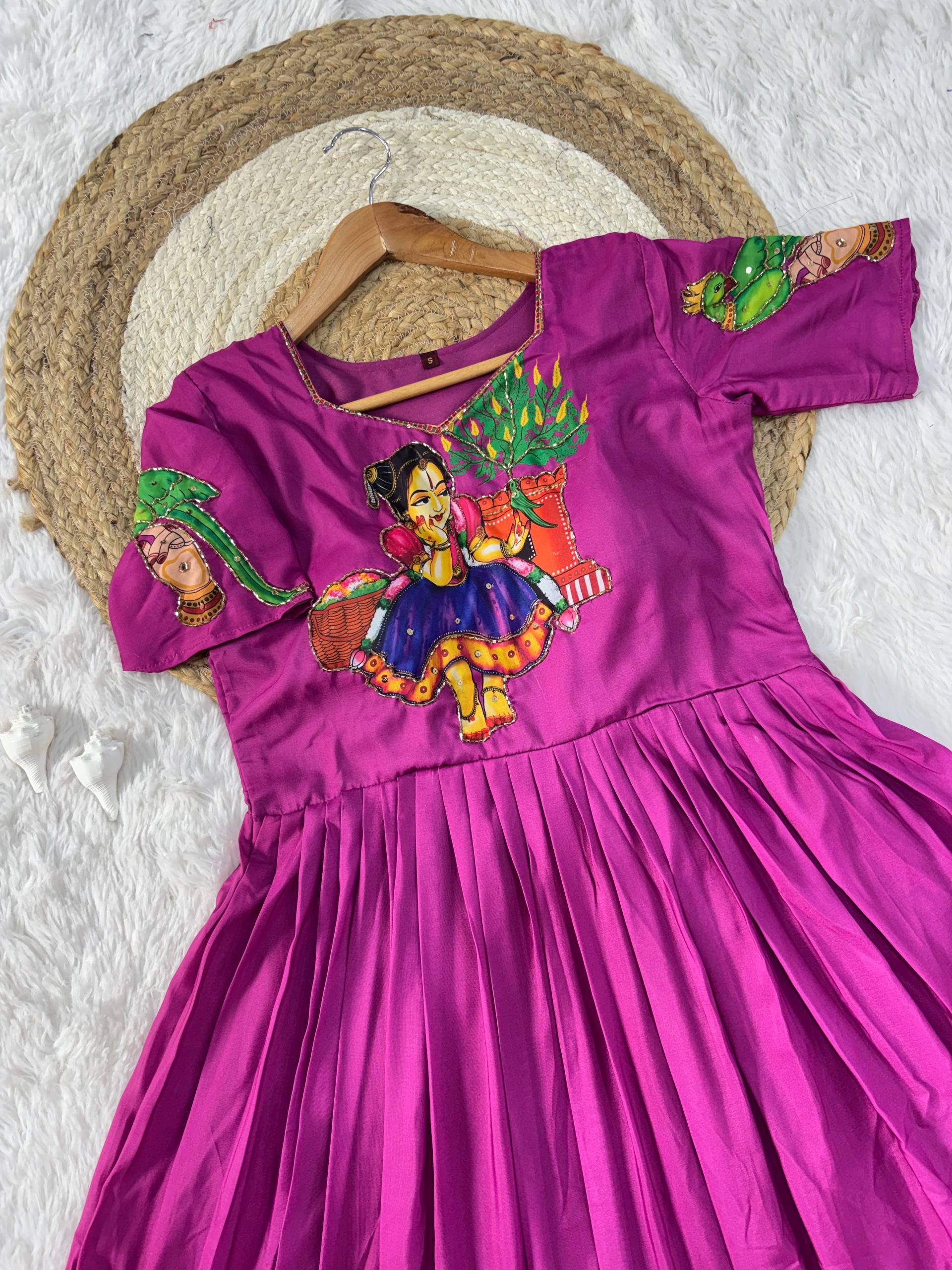 Purple Kalamkari Printed Maslin Gown with Khatli Handwork, Moti & Beads