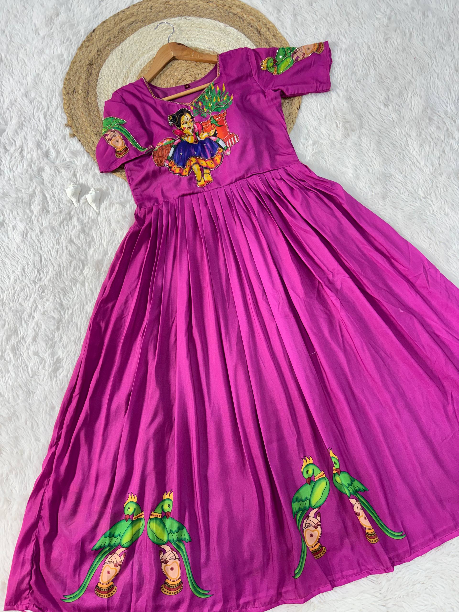 Purple Kalamkari Printed Maslin Gown with Khatli Handwork, Moti & Beads