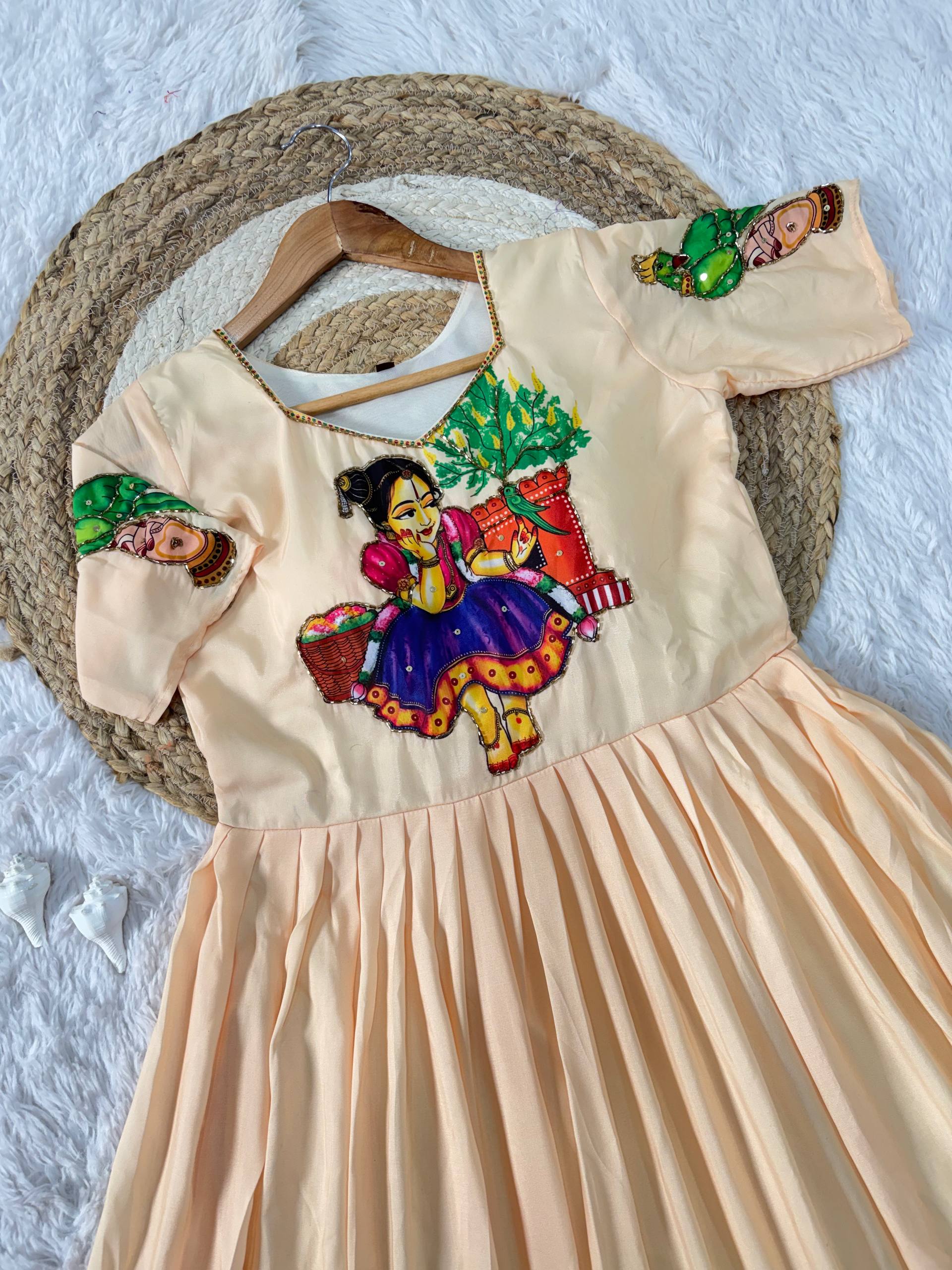 Peach Kalamkari Maslin Gown with Khatli Handwork, Beads & Moti Detailing