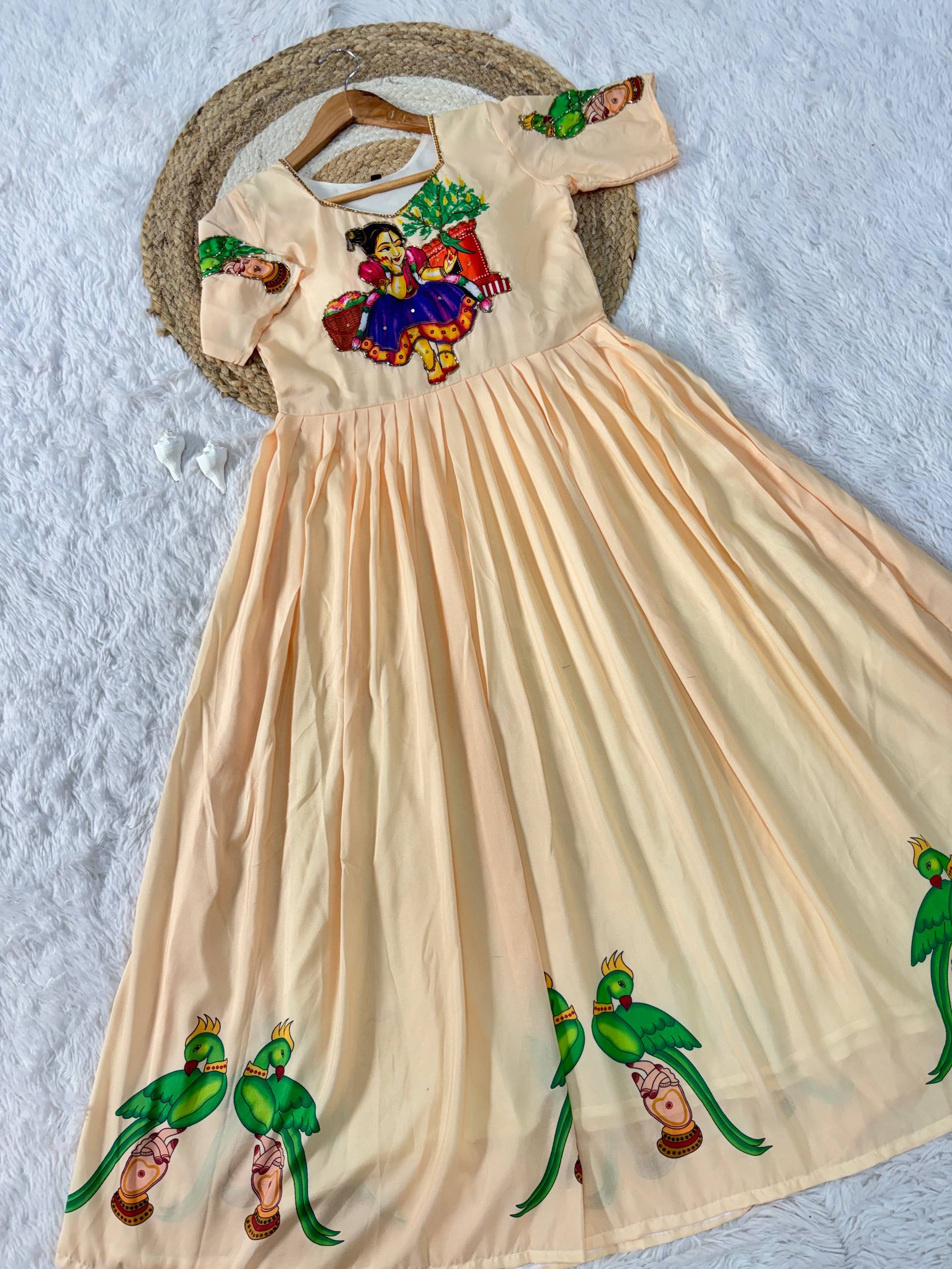 Peach Kalamkari Maslin Gown with Khatli Handwork, Beads & Moti Detailing