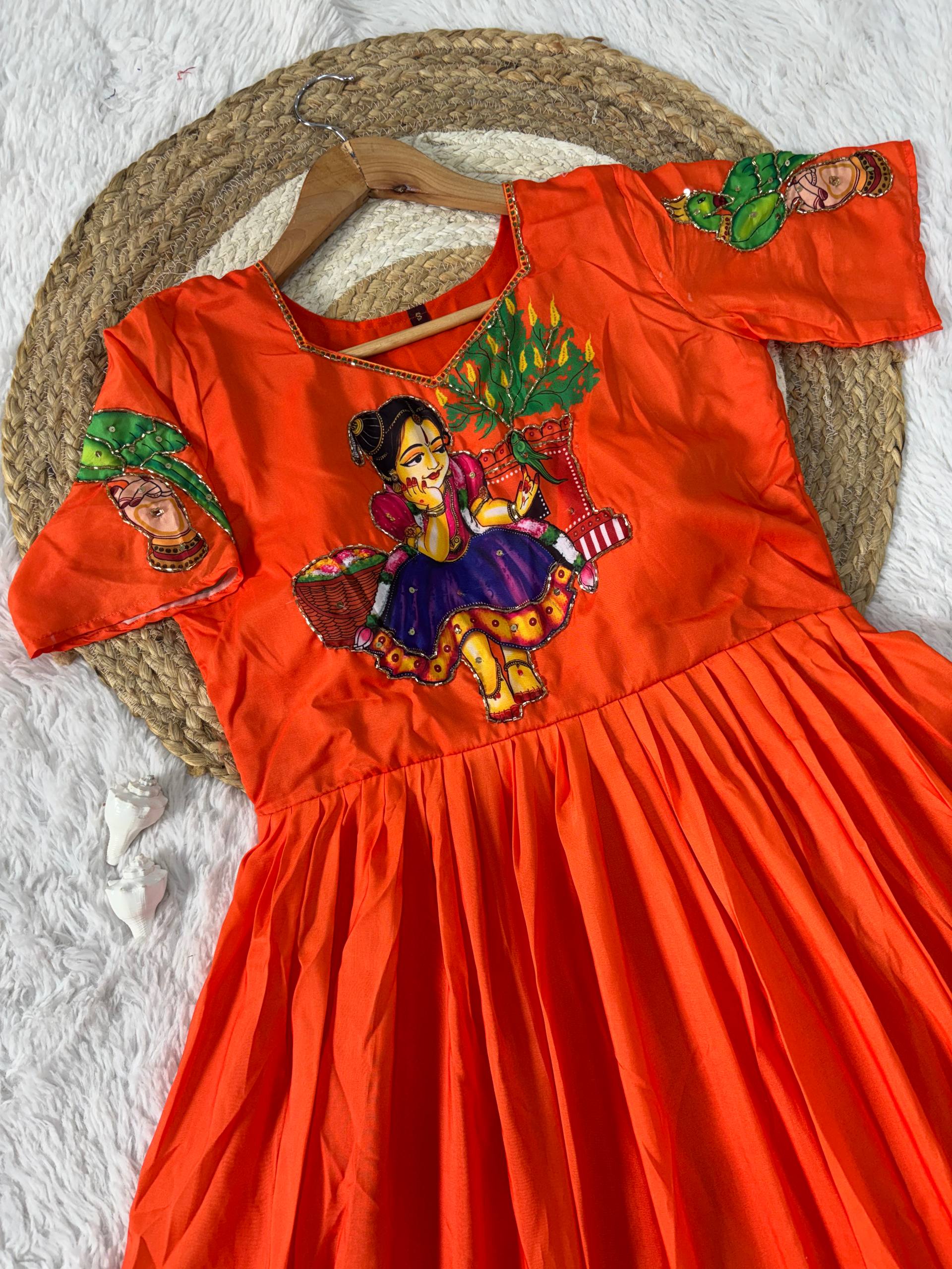 Orange Kalamkari Printed Maslin Gown with Khatli Handwork, Moti & Beads