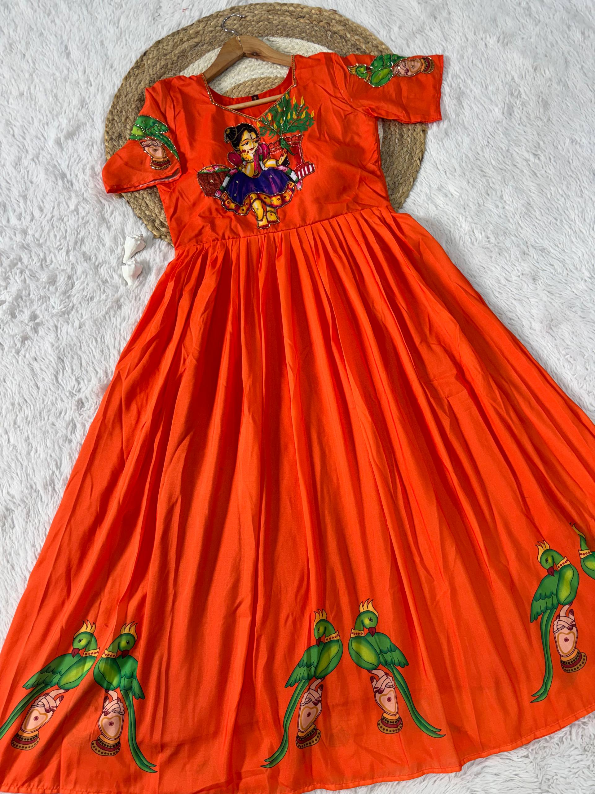 Orange Kalamkari Printed Maslin Gown with Khatli Handwork, Moti & Beads